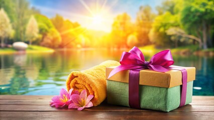 photo image of a bright and colorful gift box filled with vouchers for a health spa with a calm and serene background.