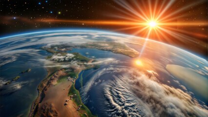 blue sunrise view of earth from space.