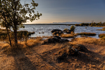 Landscape with the Valparaíso Reservoir at sunset, Villardeciervos, Zamora, Castile and León, Spain.