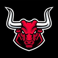 Red bull head mascot logo with angry expression for sport team on black background.