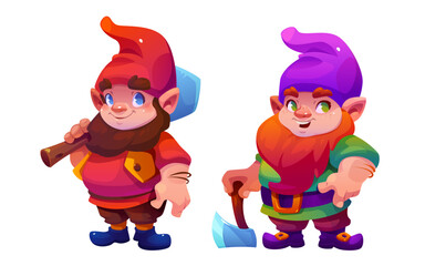 Gnome characters set isolated on white background. Vector cartoon illustration of male elves with beard wearing color hats, shovel and axe in hands, cute fairytale dwarfs at work in garden or mine