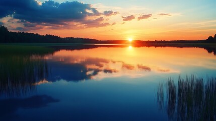 Obraz premium A serene lake reflecting a vibrant sunset sky with a line of trees on the horizon.