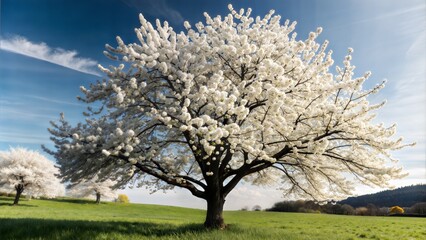 Fototapeta premium cherry tree with flowers on green field in spring.