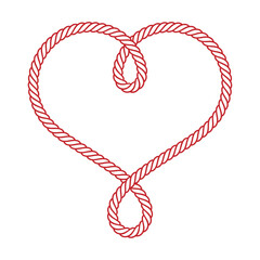 Vector simple line drawing of a red rope tied into the shape of a heart. Isolated on white background.