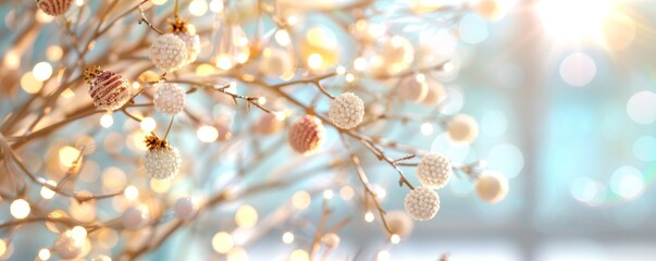 Fototapeta premium Winter branches adorned with soft lights and textured ornaments, creating a warm and inviting atmosphere for the festive season.