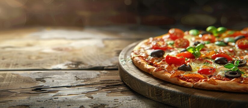 A tasty pizza featuring a selection of toppings is beautifully arranged on a rustic wooden cutting board. Copy space image. Place for adding text and design