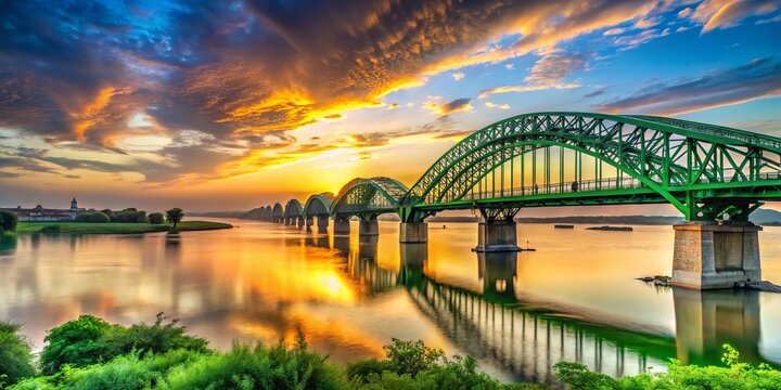 A photo image of lush green Guddu Bridge over Indus River flowing through Sukkur, a city in Sindh Province, southern Pakistan, at sunset.