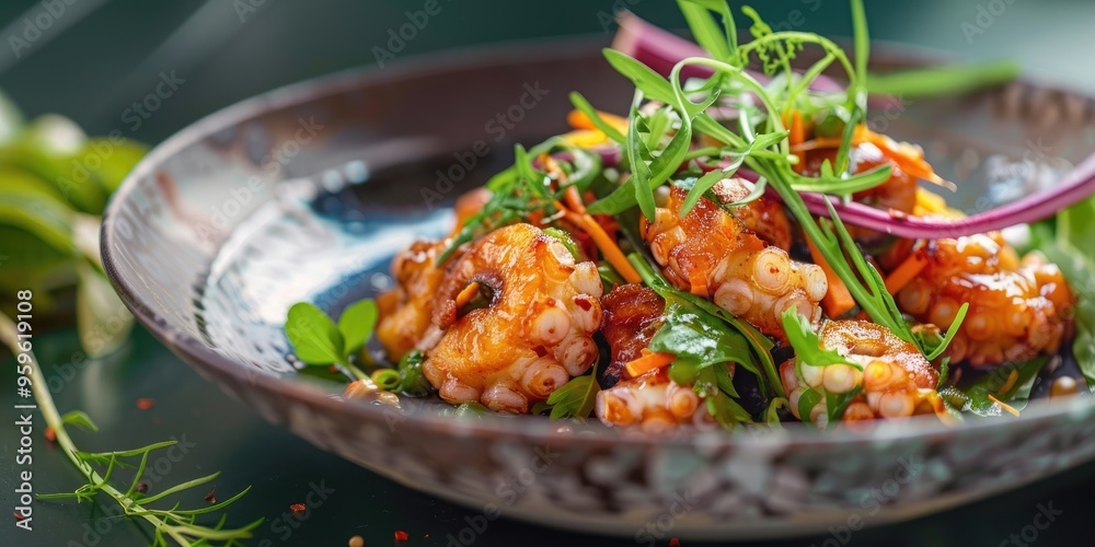 Canvas Prints selective focus on deep-fried octopus served with seasonal greens.