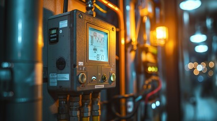 Close-up of an industrial control panel with digital display in a factory setting, surrounded by cables and pipes.