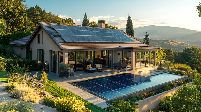 A modern home with solar panels and a swimming pool set against a picturesque mountain landscape.