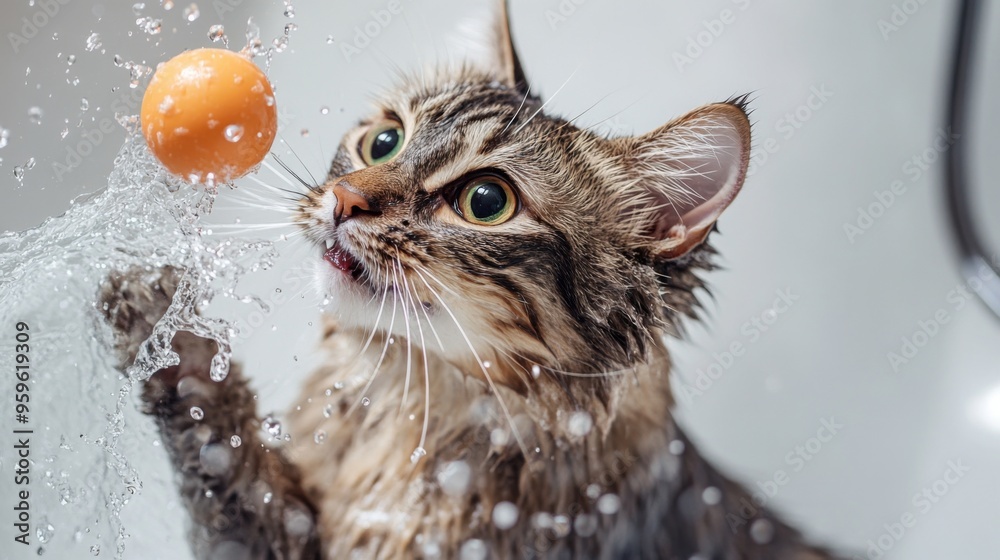Poster a playful cat batting at a toy floating in a bath, with its fur wet and water splashing around
