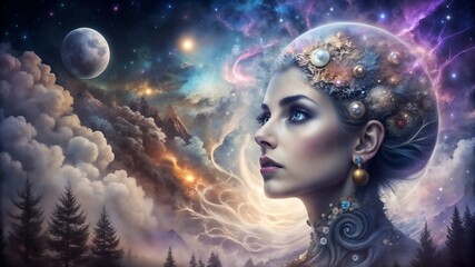 Dreamy profile of woman with cosmic elements and stars against galaxy background