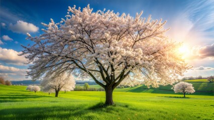 cherry tree with flowers on green field in spring.