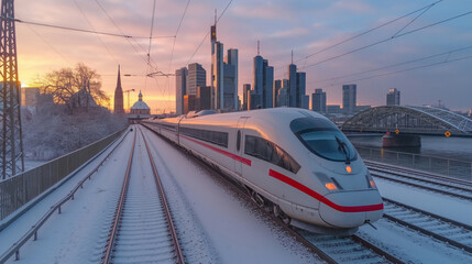 Fototapeta premium A high-speed train travels through a snowy urban landscape at sunset with city skyscrapers in the background.