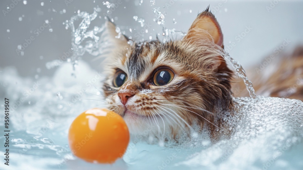 Poster a playful cat batting at a toy floating in a bath, with its fur wet and water splashing around