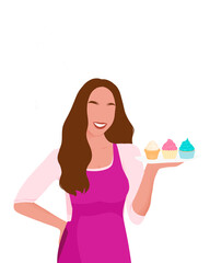 Woman Baker Holding Cupcakes in a Minimalist and Modern Art Style