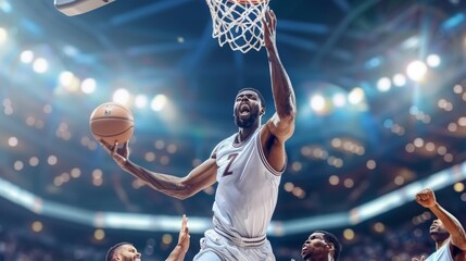 Dynamic basketball action  players in motion and a ball soaring towards the hoop in a vivid scene