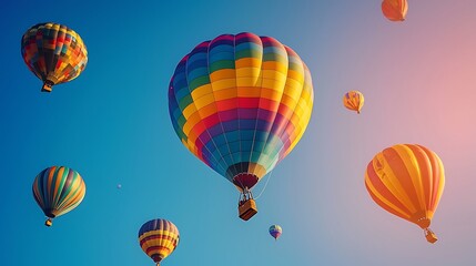 Obraz premium Colorful hot air balloons soaring gracefully in the blue sky, capturing a moment of flight and joy.