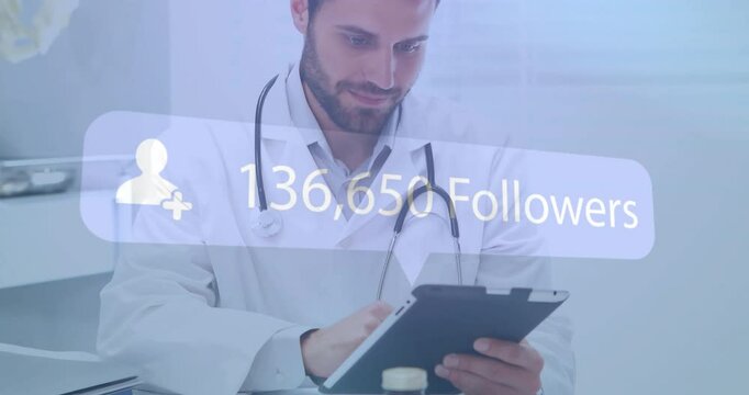 Doctor using tablet with 209,285 Followers animation over