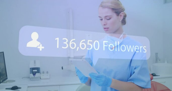 Medical professional using tablet with 287,453 followers animation over scene