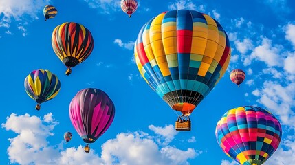 Obraz premium Bright hot air balloons soaring through a blue sky with white clouds, creating a cheerful and uplifting scene.