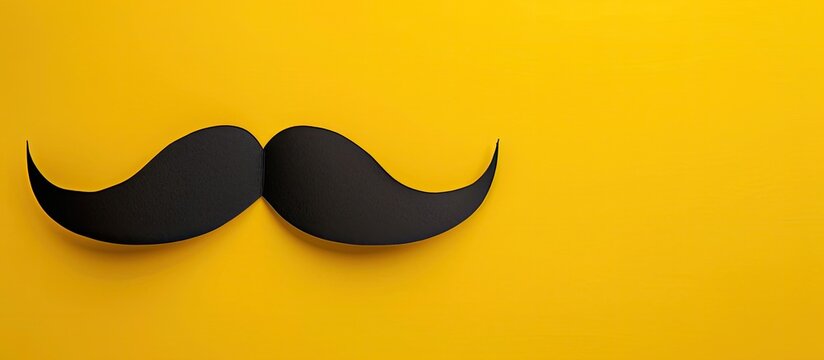 Happy Father s Day birthday party Purim Halloween theme Black paper mustache with copyspace for text on a yellow background Top view