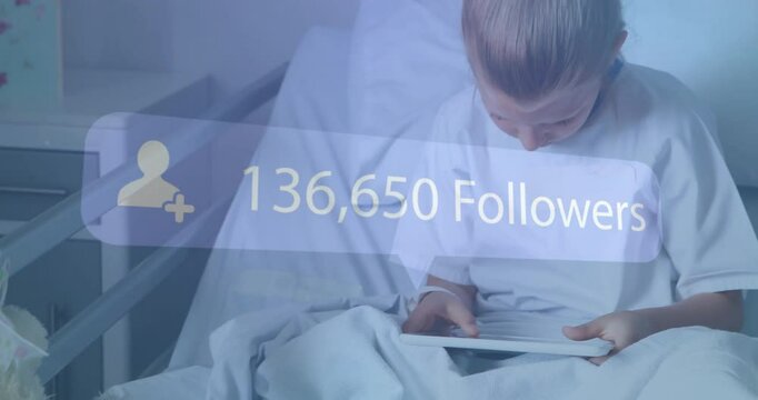 Using tablet, child in hospital bed with 130,342 Followers animation over