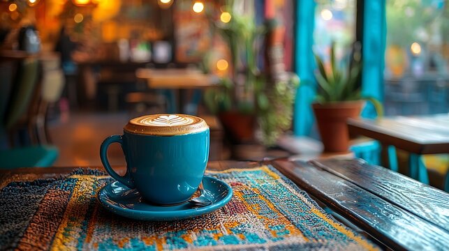 Latte art in a blue cup on a wooden table, capturing the artistry and comfort of a caf? experience.