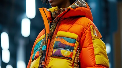 Fototapeta premium Vibrant Close-Up of a Fashionable Orange and Yellow Puffer Jacket: Perfect Poster for Sports Interiors Showcasing Elaborate Design and Texture