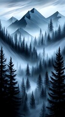 Fototapeta premium Mystic Tranquility: Enigmatic Forest with Misty Mountain Silhouettes in Digital Painting Style