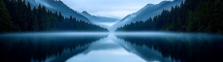 Obraz premium Enchanting Dark Forest: Mystical Fog, Mountain Reflections, and Still Pond in Realistic Detail