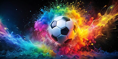 Naklejka premium A dynamic and vibrant soccer-themed stock photo featuring explosive splashes of color and motion