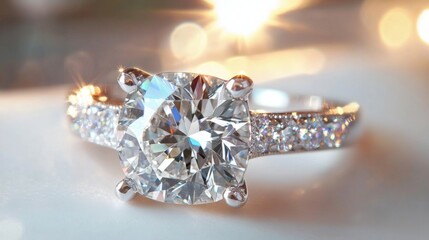 A radiant diamond ring placed on a clean white surface, with the stone's intricate cuts and sparkle taking center stage.