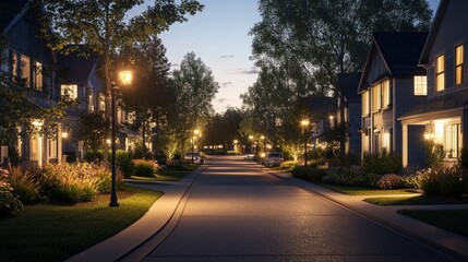 A quiet suburban street with softly glowing street lights casting warm light on the pavement and surrounding houses