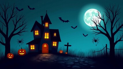 Haunted House with Jack-o'-Lanterns and Full Moon Halloween Scene