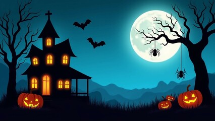 Haunted House with Jack-o'-Lanterns and Full Moon Halloween Scene