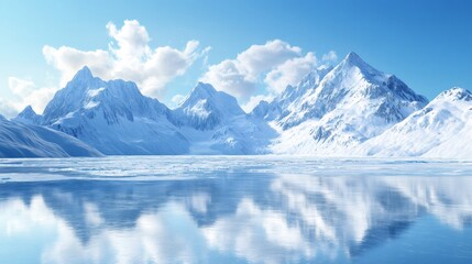 Obraz premium A serene view of a snow-capped mountain range reflected in a calm lake with a blue sky and white clouds.