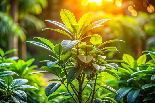 a photo image of a devadaru plant in a serene natural setting with soft sunlight filtering through the leaves