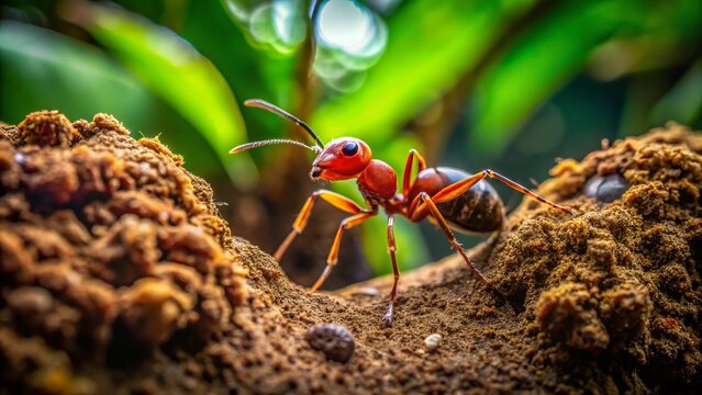 In the heart of the Costa Rican rainforest, a chicatana ant bursts forth from the earth, its shiny exoskeleton glistening in the dappled sunlight.