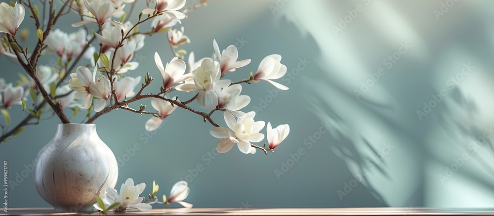 Poster fresh magnolia flowers and a spring workspace of free space. copy space image. place for adding text