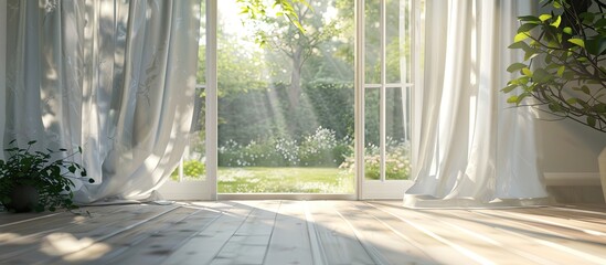 Sunlight streams through the open porch door of the living room while the wind sways the curtain gently. Copy space image. Place for adding text and design