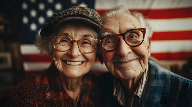 Elderly couple smiling together with an American flag backdrop.