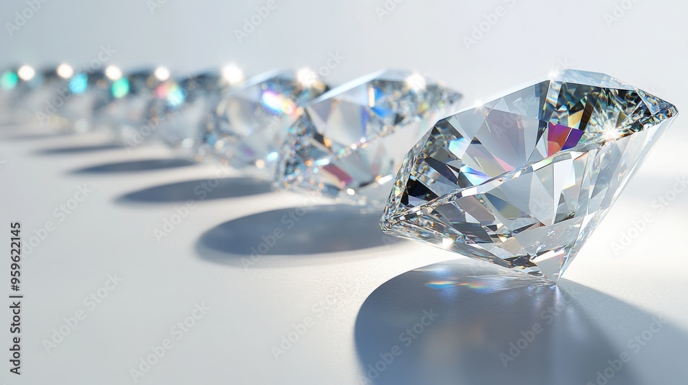 Poster a row of shimmering diamonds lined up neatly on a pure white background, their facets catching and r