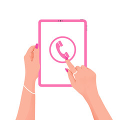 Woman’s Hand Holding a Tablet and Pressing a Pink-Themed Phone Icon in Minimalist Art Style