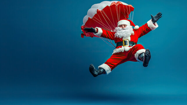 Santa Claus flying with parachute on blue background. Christmas and New Year concept.
