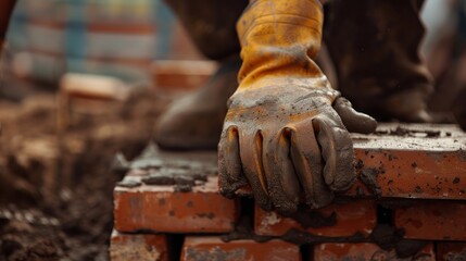 Close-up Of A Construction Worker's Hand Placing A Brick