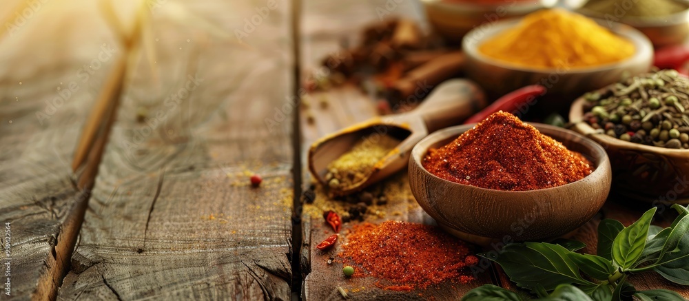 Canvas Prints Various spices on a wooden table. Copy space image. Place for adding text and design