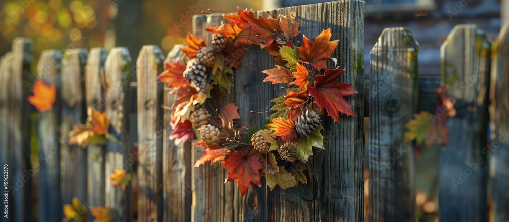 Wall mural autumn wreath on a wooden fence close up shot. copy space image. place for adding text and design