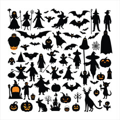 Naklejka premium Creative Big set of silhouettes of Halloween elements on a white background. Vector illustration. 