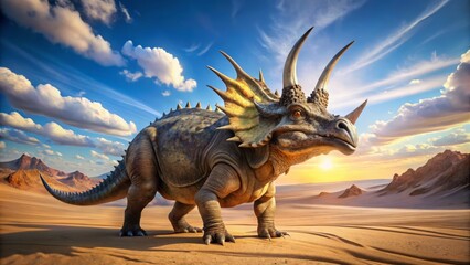Naklejka premium A photo image of a Styracosaurus dinosaur standing on a sandy desert plateau, its distinctive frill and horns gleaming in the warm sunlight.